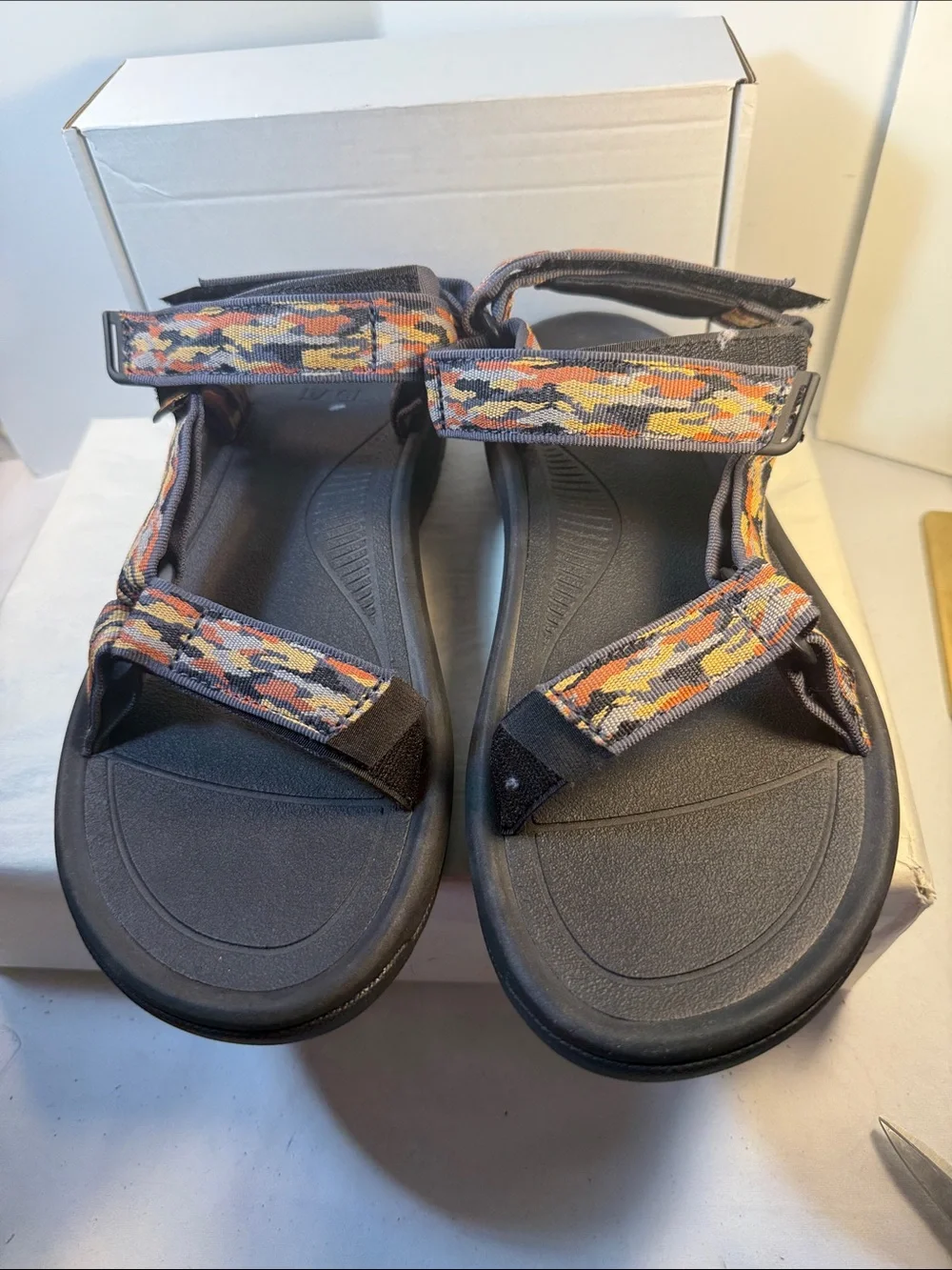 Teva Men’s Black Sandals with Orange and Yellow Patterned Straps